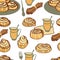 Food collection Afternoon tea with cinnamon buns Seamless pattern