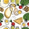 Food collection Delicious breakfast Eggs, spinach, radish and toasts Seamless pattern