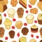 Food collection Delicious chocolate madeleines, cupcakes and cakes Seamless pattern