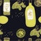 Food Collection Olive oil and capers black background Seamless pattern