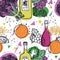 Food Collection Purple sprouting broccoli with quinoa, olive oil and oranges Seamless pattern
