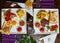 Food composition - image. Breakfast options on a white plate - fried eggs, potatoes and sausages, toasted bread, vegetables and be