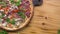 Food composition. Italian pizza and fresh vegetable on wooden table background. Traditional italian cuisine. Top view