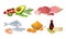 Food Compositions with Fish, Meat and Vegetables as Source of Vitamins Vector Set