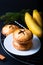 Food concept fresh baked Homemade Banana foster hand pie on black background