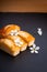 Food concept mini French almond cake financier on black slate st