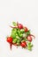 Food cooking background, green basil and red cherry tomatoes with spices, top view