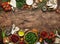 Food cooking background, ingredients for preparation vegan dishes, green bean, vegetables, roots, spices, mushrooms and herbs.