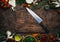 Food cooking background, ingredients for preparation vegan dishes, vegetables, roots, spices, mushrooms and herbs. Big kitchen