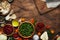 Food cooking background, ingredients for preparation vegan dishes, vegetables, roots, spices, mushrooms and herbs.  Healthy food