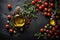 Food cooking background. tomatoes, peppers and olive oil, spices herbs and vegetables at black slate table