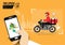 Food delivery app on a smartphone tracking a delivery man on a moped with a ready meal