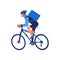 Food delivery bicycle driver with blue backpack behind back is on his way to deliver food. Courier on bike delivering