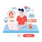 Food delivery boy taking an order over the internet during quarantine. Order process concept. Support service theme. Vector