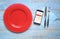 Food delivery concept, smartphone,plate,cutlery,delivery message on screen, copy space