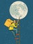 food delivery courier, worker climbs stairs to the moon. city service