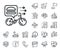 Food delivery line icon. Bike courier sign. Plane, supply chain and place location. Vector