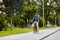 food delivery man with bag riding bicycle