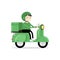 Food delivery man riding a green scooter. Man courier riding scooter with parcel box fast delivery concept.