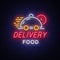 Food delivery neon sign. Logo in neon style, light banner, luminous symbol, bright nightlife neon advertising food