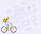 Food delivery vector illustration. Courier man on bicycle with yellow parcel box on the back. Route with dash line trace