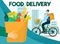 Food delivery vector illustration. Driver on the bike or bicycle with a bag. Online shopping service at the store and supermarket