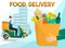 Food delivery vector illustration. Driver on the scooter or motorcycle with packages. Online shopping service at the store and