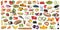 Food and drink collection background collage healthy eating panorama fruits vegetables fruit drinks isolated