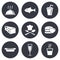 Food, drink icons. Alcohol, fish and burger