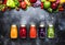 Food and drinks, healthy and useful multicolored vegetable juice