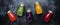 Food and drinks, healthy and useful multicolored vegetable juices and smoothies with ingredients in glass bottles. Panoramic