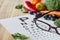 Food for eyes health, colorful vegetables and fruits, rich in lutein, eyeglasses and eye test chart on wooden background, concept
