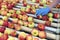 Food factory: assembly line with apples and workers