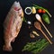 Food flat lay still life of a whole fresh trout