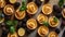 Food flatlay of lemon custard mini tarts with blackberry Generative AI