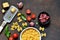 Food frame. Ingredients for pasta - cherry tomatoes, garlic