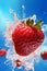 food fruit water red splash fresh background blue strawberry freshness healthy. Generative AI.