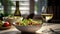 food and glasses of wine next to a bowl of salad and a glass of wine on top of a table. Generetive Ai