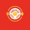 Food and Go bistro logo. Street food emblem. Fork, spoon and fried eggs with bacon in the red background.