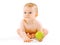 Food, health and child concept. Cute baby with green apple on a