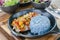 Food healthy, garlic pork with blue rice, blue color made from b