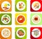 , food, icon flat, top view, scrambled eggs, sausages, pizza, fish, salmon, salad, soup, soup, pasta, dumplings,