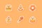 food icon set collection package burger pizza doughnuts cupcake fried chicken isolated background kawai emoticon face cute fun