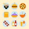 Food icon set. Colorful icon burger, pizza, sushi, bbq, drink. Isolated icon food for menu restaurant, bar, cafe. Take away food