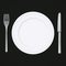 Food icon. White ceramic plate with metal fork and knife.