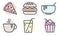 Food Icons Set. Burger, pizza, cupcake, soup, coffee, drink. Food outline web icon. Concept of lunch and dinner. For restaurant