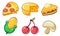 Food Icons Set, Pizza, Cheese, Pumpkin Pie, Corn, Cherry, Mushroom Vector Illustration