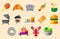 Food icons or sticker like burger cake seafood etc, with 3d gradient style best used for restaurant or menu Childs book