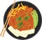 Food illustration, kimchi with vegetables, cucumber, sweet peppers, tofu slices and greens