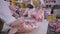 Food industry, meat processing. Butchers Cutting Pork Meat at a Meat Factory.